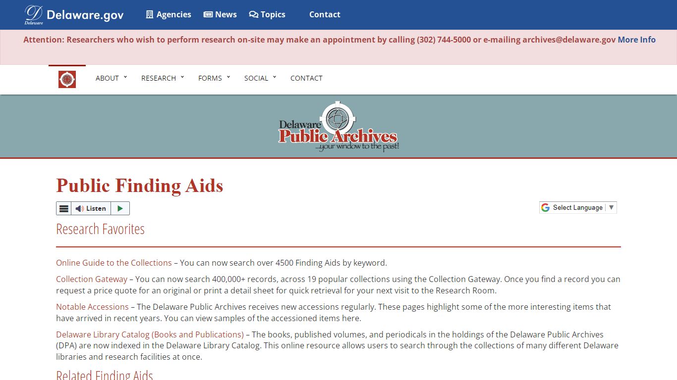 Public Finding Aids available at the Delaware Public Archives